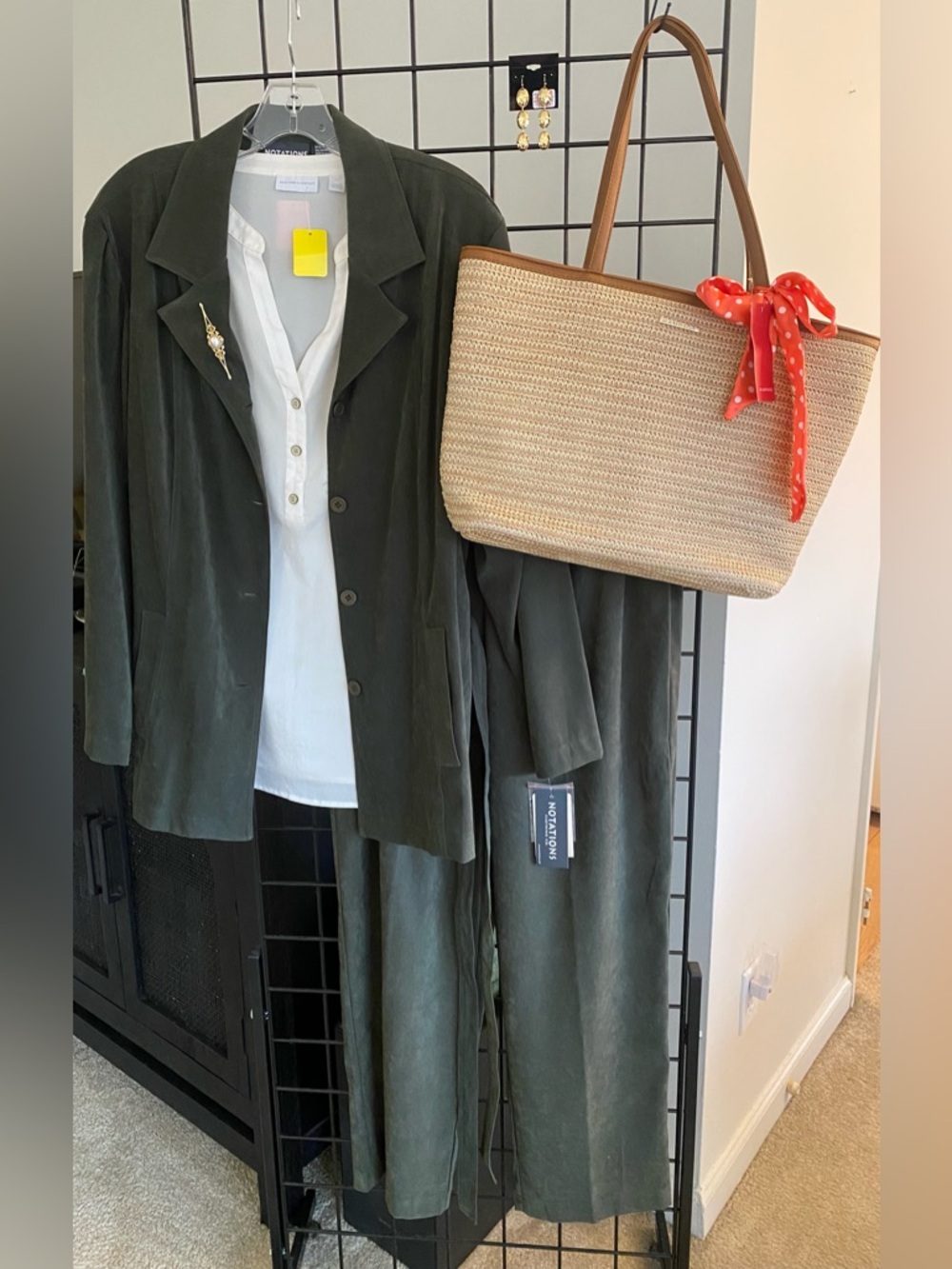 NWT Notations Olive Green Suede Look 2pc Pant Set L Belted Jacket Elastic Waist